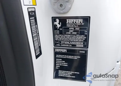 2022 Ferrari Sf90 Stradale z USA, uszkodzony, nr VIN ZFF95NLA4N0280038